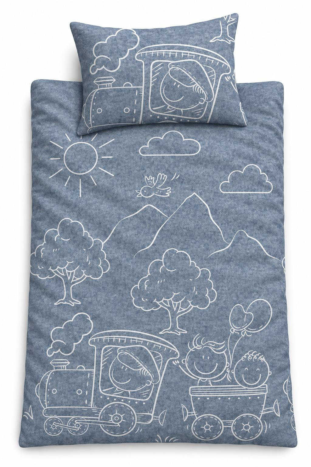 BIBER-BETTWÄSCHE 135x200 Kinder - Made in Germany! Flauschig warmer Flanell Kinderbettwäsche aus 100% Baumwolle für Herbst & Winter - Lokomotive Blau - Blau, Textil (135/200cm) - Carpe Sonno