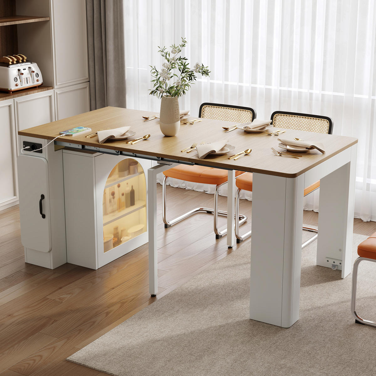 KÜCHENINSEL 83/39,6-149,6/77 cm aus MDF und Glas mit ausziehbarer Tischplatte Weiß/Naturfarben - Weiß, Holzwerkstoff (83/77/39.6cm) - Modenvie