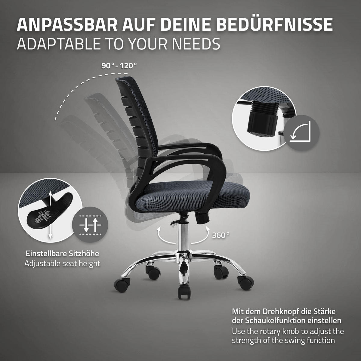 SCHREIBTISCHSTUHL Classic grau - Grau, Metall (54/99/59cm) - ML-DESIGN