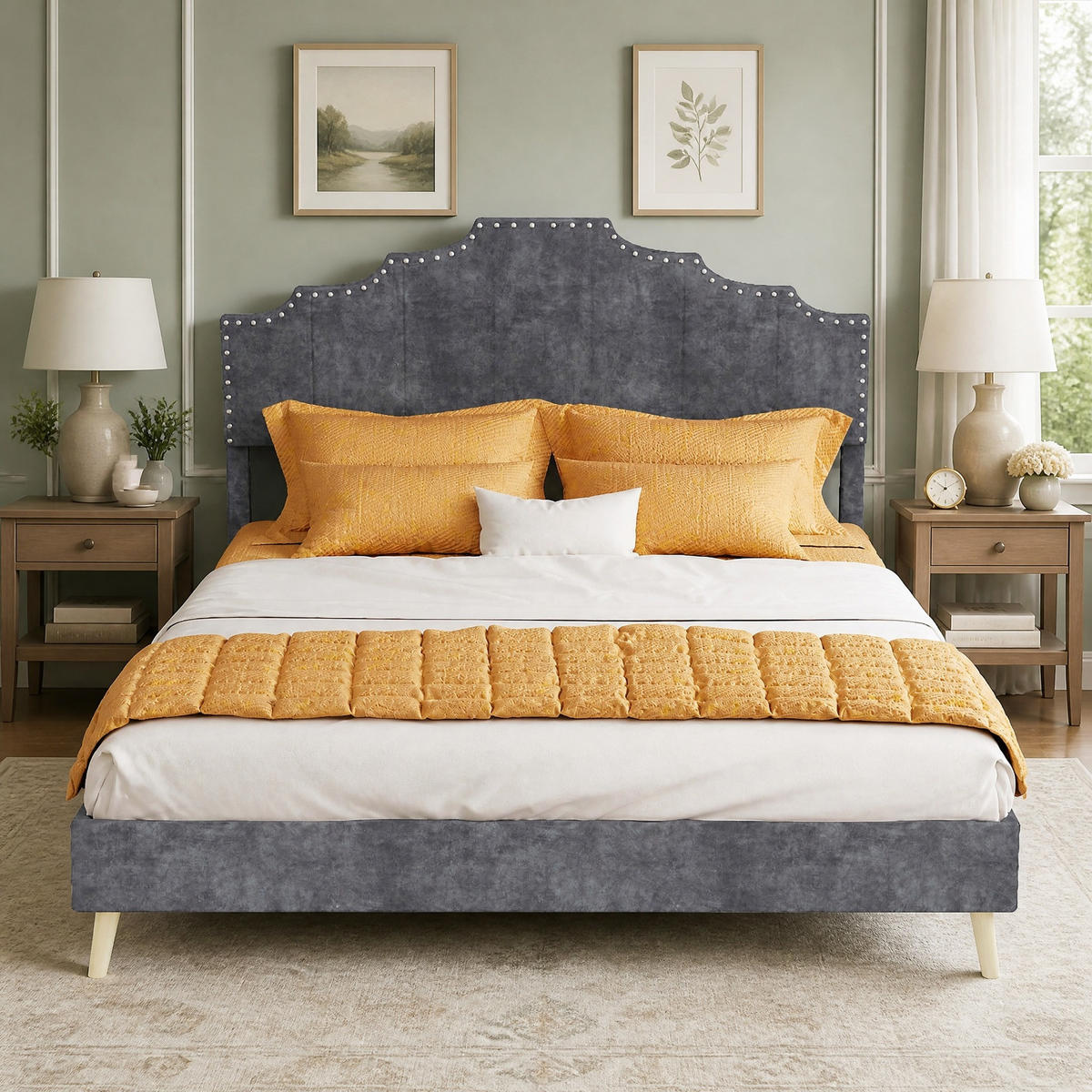 POLSTERBETT 140/200 mit geometrisch gepolstertem Kopfteil, Ziernägeln und Hollandstoff in Grau - Grau, Holzwerkstoff/Textil (140/200cm) - EVRYAE