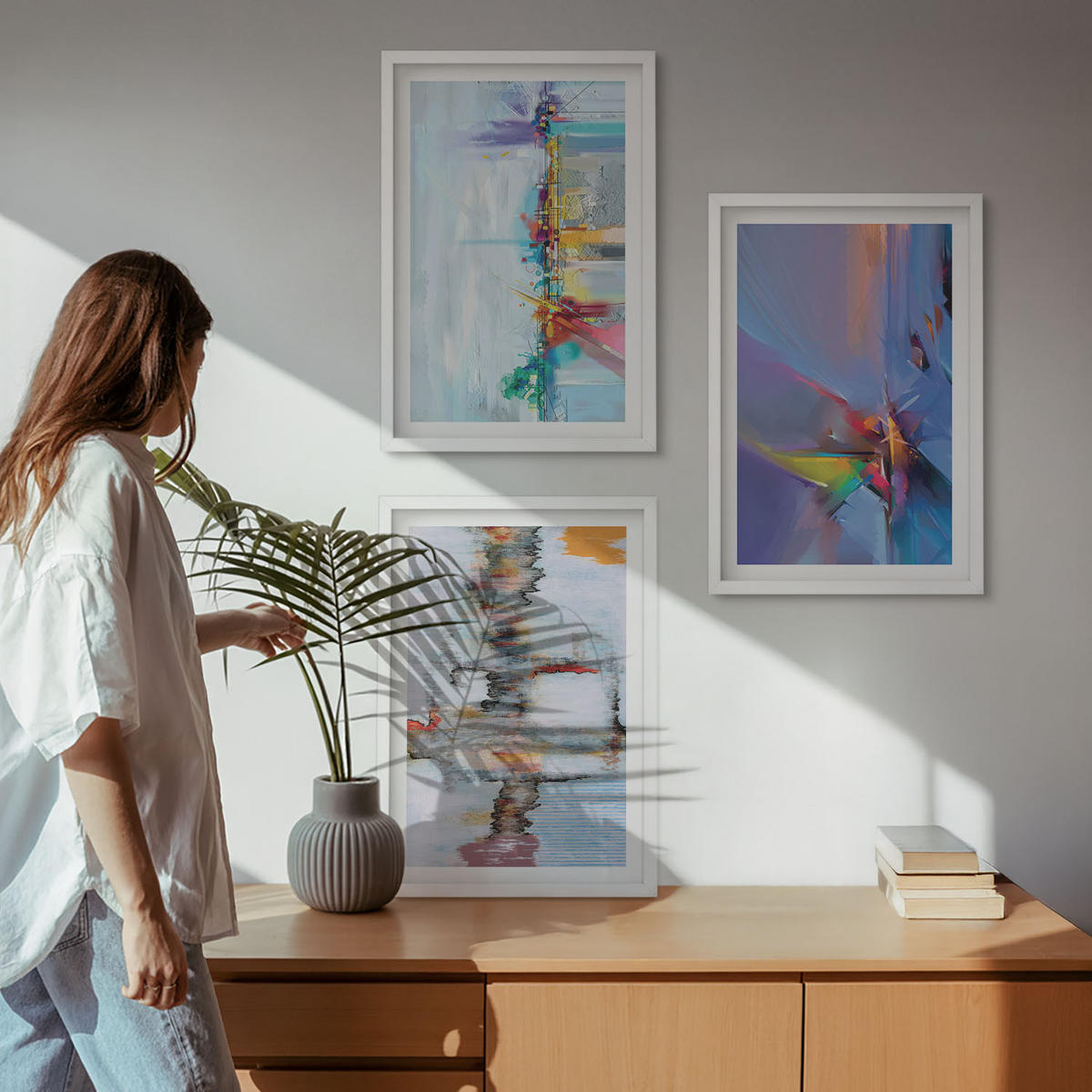WANDBILDER 3er-Set - 40x60 cm Weißer Rahmen - Abstrakte Gemäldekompositionen - Weiß, Kunststoff (40/60cm) - ArtPrintCave