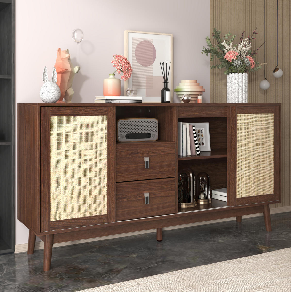 SIDEBOARD 155/38/80 cm in dunklem Holz mit 3 Rattan-Schiebetüren und 2 Schubladen - Nussbaumfarben, Holzwerkstoff (155/80/38cm) - Flora Grace