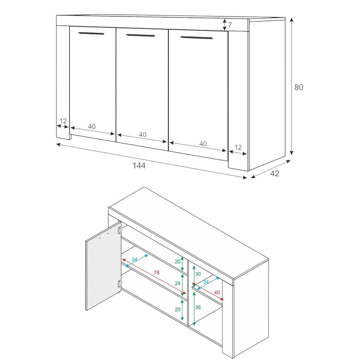 SIDEBOARD Holz-Effekt Weiß 42x144h80 - Weiß, Holzwerkstoff (144/80/42cm) - DMORA