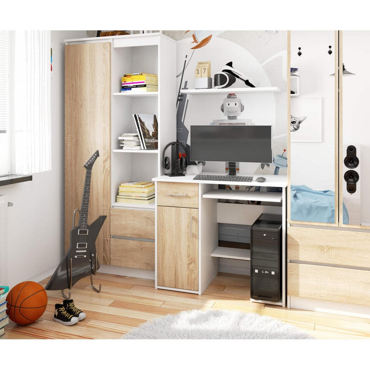 SCHREIBTISCH Weiß, Eiche Sonoma 74/90/50 - Weiß/Sonoma Eiche, Holzwerkstoff (50/90/74cm) - RAUMHIRSCH FURNITURE