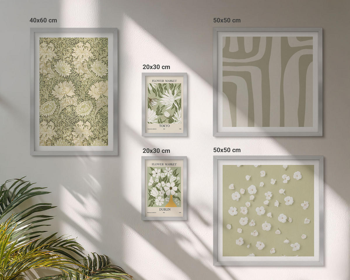 BILDER SET 5er Set - 50x50 cm & 20x30 cm & 40x60 cm Silberner Rahmen - Boho-Pflanzenkompositionen in Pastellfarben - Silberfarben, Kunststoff (40/60cm) - TULUP