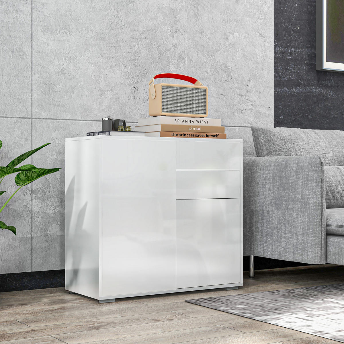 SIDEBOARD Weiß Hochglanz, 2 Türen, 2 Schubladen, 79/36/74 cm - Weiß Hochglanz, Holz (79/74/36cm) - PANGIVO