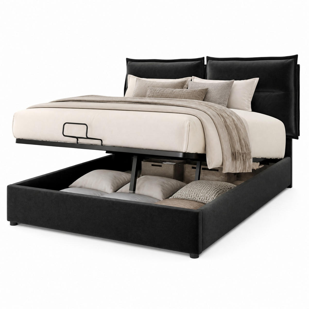 POLSTERBETT 140/200 cm in Schwarz Samt mit Bettkasten, verstellbarem Kopfteil und Matratze - Schwarz, Holzwerkstoff/Textil (140/200cm) - CHICFURN