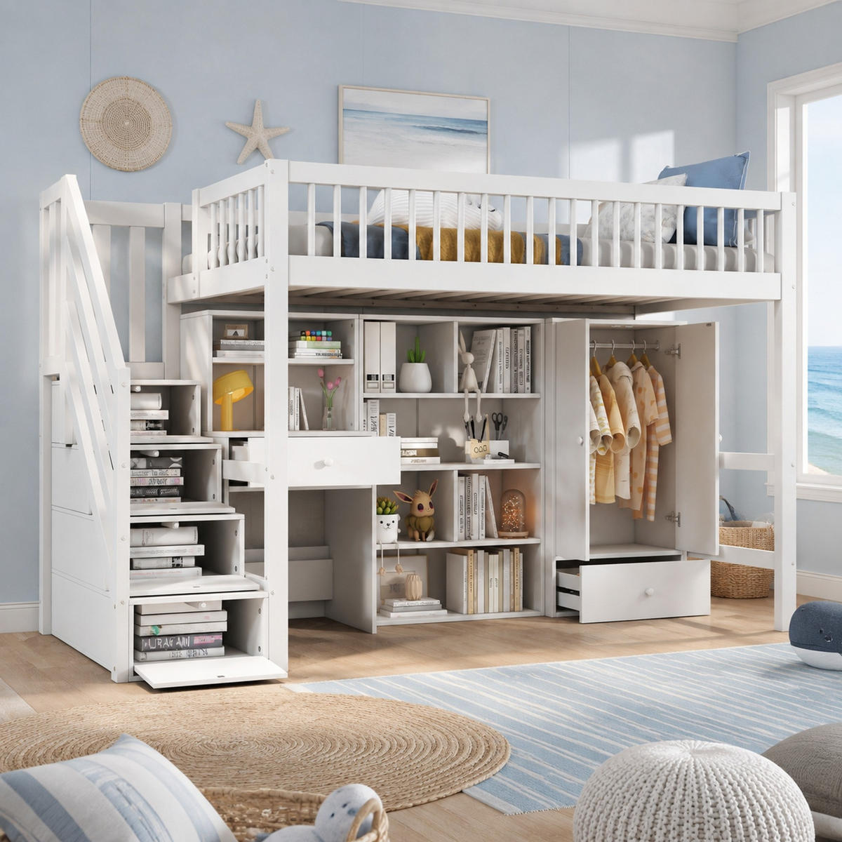 HOCHBETT 90/200 cm in Weiß mit Schreibtisch, Treppe und Kleiderschrank - Weiß, Holz/Holzwerkstoff (90/200cm) - CHICFURN