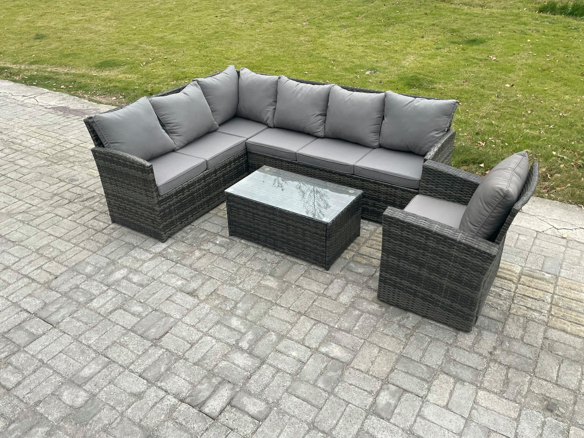 GARTENSET mit Couchtisch Polyrattan Dunkelgrau 7-Sitzer - Dunkelgrau/Grau, Glas/Kunststoff - Fimous