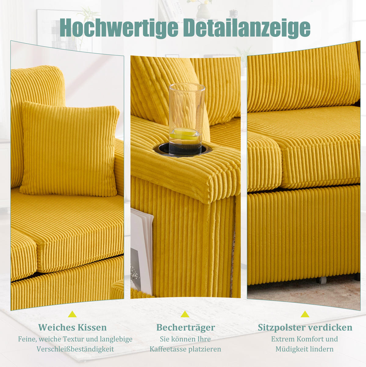 SOFA Corduroy mit LED und USB-Anschluss Stauraum-Schubladen 194/73/81 cm Gelb - Gelb, Textil (73/194cm) - Redom