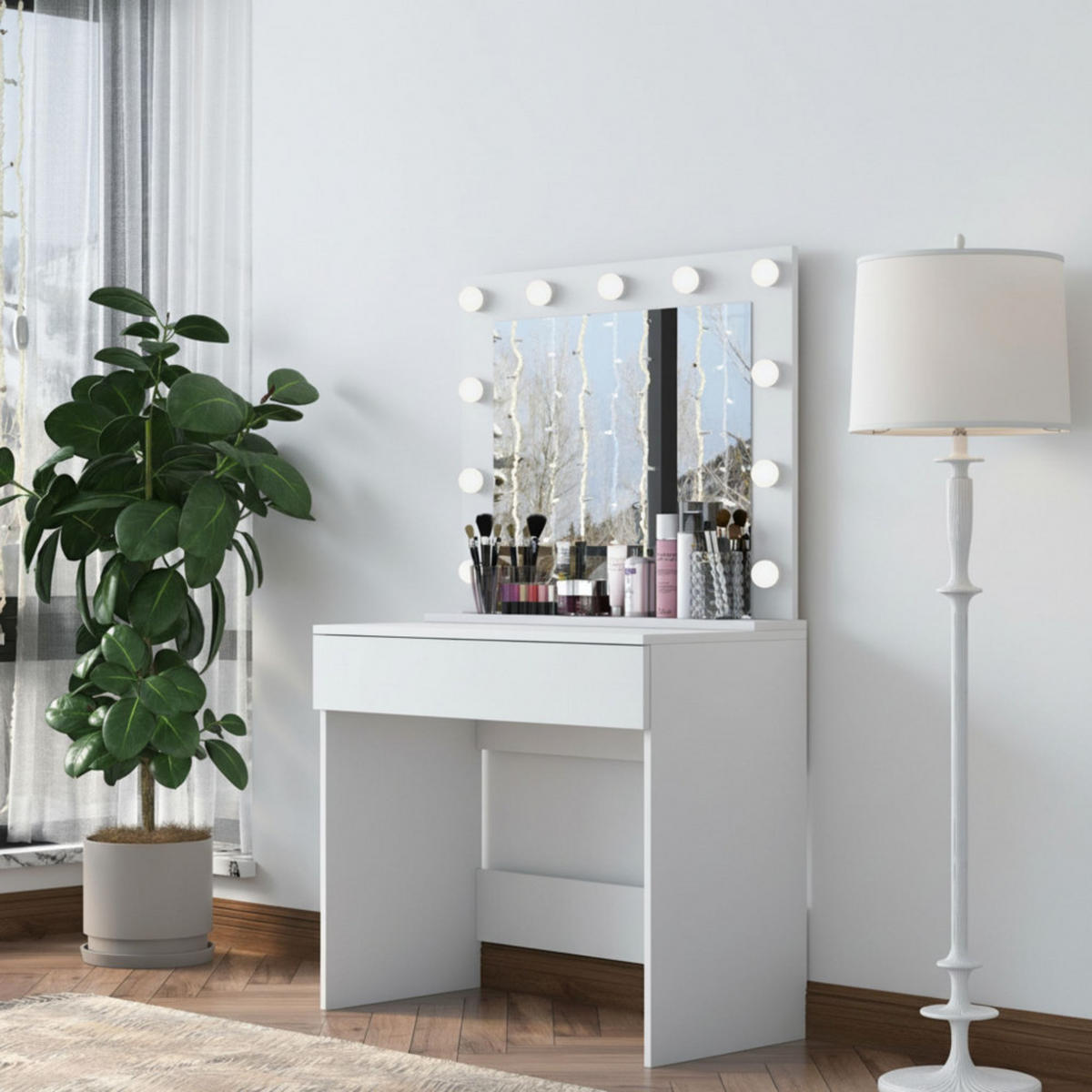 FRISIERTISCH mit 1 Schublade und LED-Spiegel, L90 cm - Soya - Weiss - Weiß, Holz (90/77/45cm) - Drawer