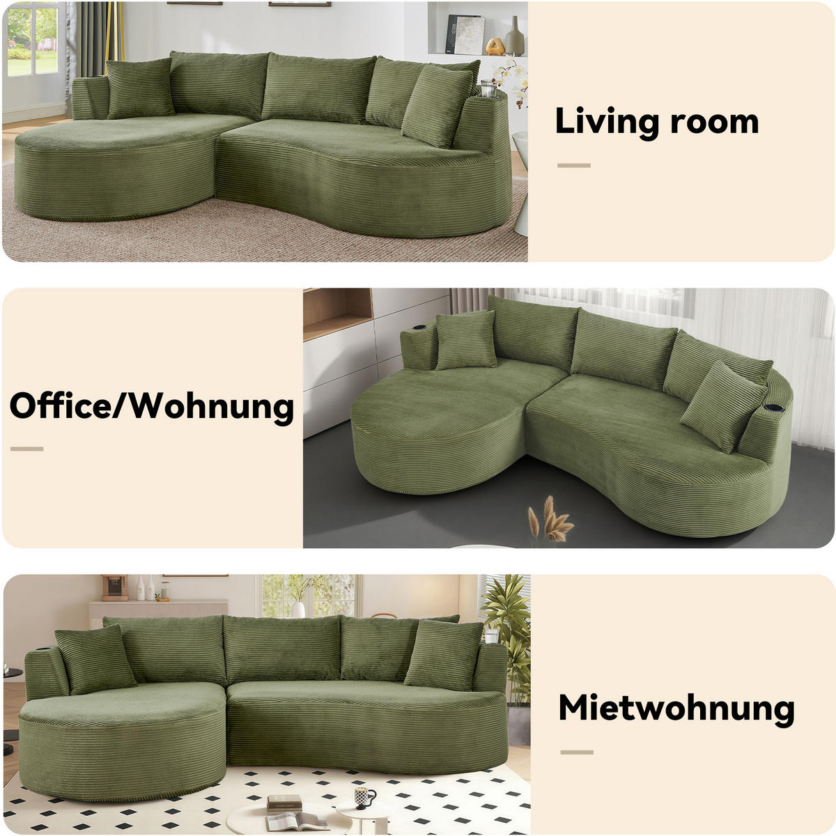 3-SITZER ECKSOFA Cord Grün mit Getränkehaltern und mit Kissen - Grün, Textil (264/168cm) - WISHDOR