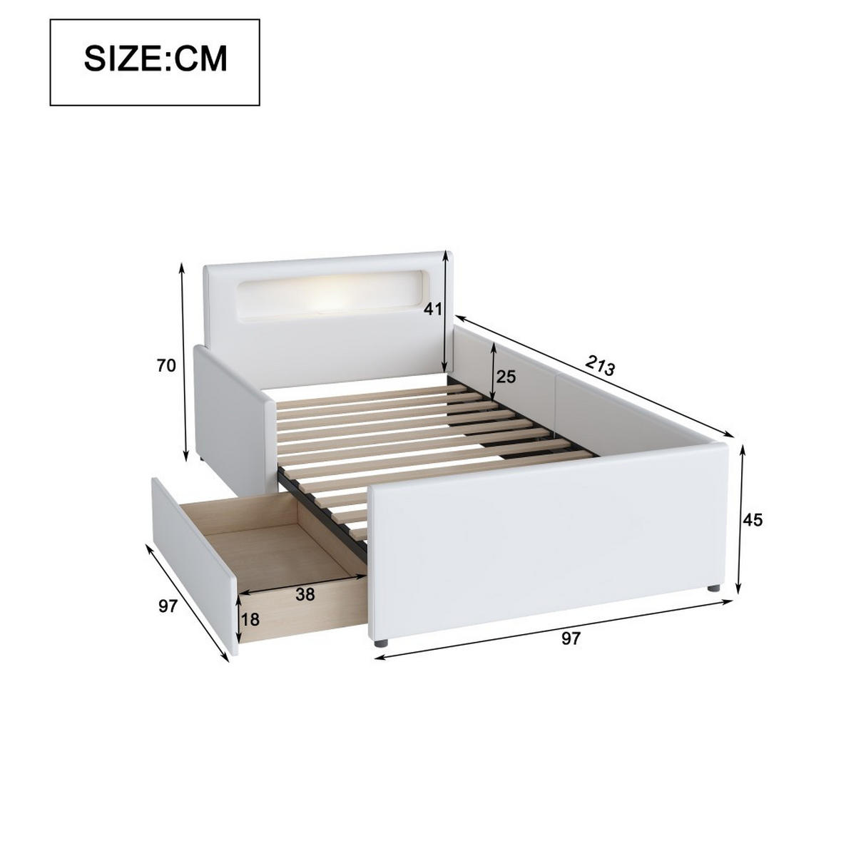POLSTERBETT 90x200 cm mit Nachtlicht und USB-Ladeanschluss in Weiß - Weiß, Leder/Holz (90/200cm) - KOMHTOM