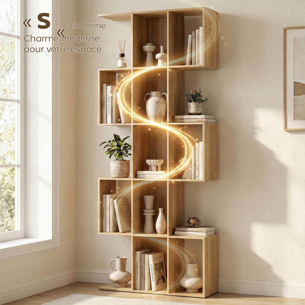REGAL DE-15564 80/24/200 cm, S-Form mit 15 Fächern Eiche - Eichefarben, Holzwerkstoff (80/200/24cm) - ComfortXL