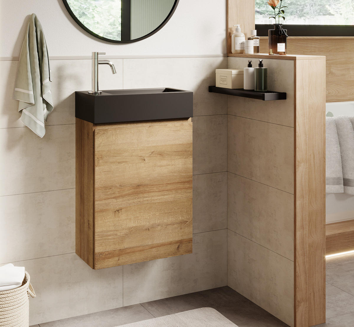 GÄSTE-WC-MÖBELSET Angela 2 Teile Eiche - Schwarze Waschbecken - 40 x 22 x 64 cm - Eichefarben/Schwarz, Holz (40/52/22cm) - Badplaats