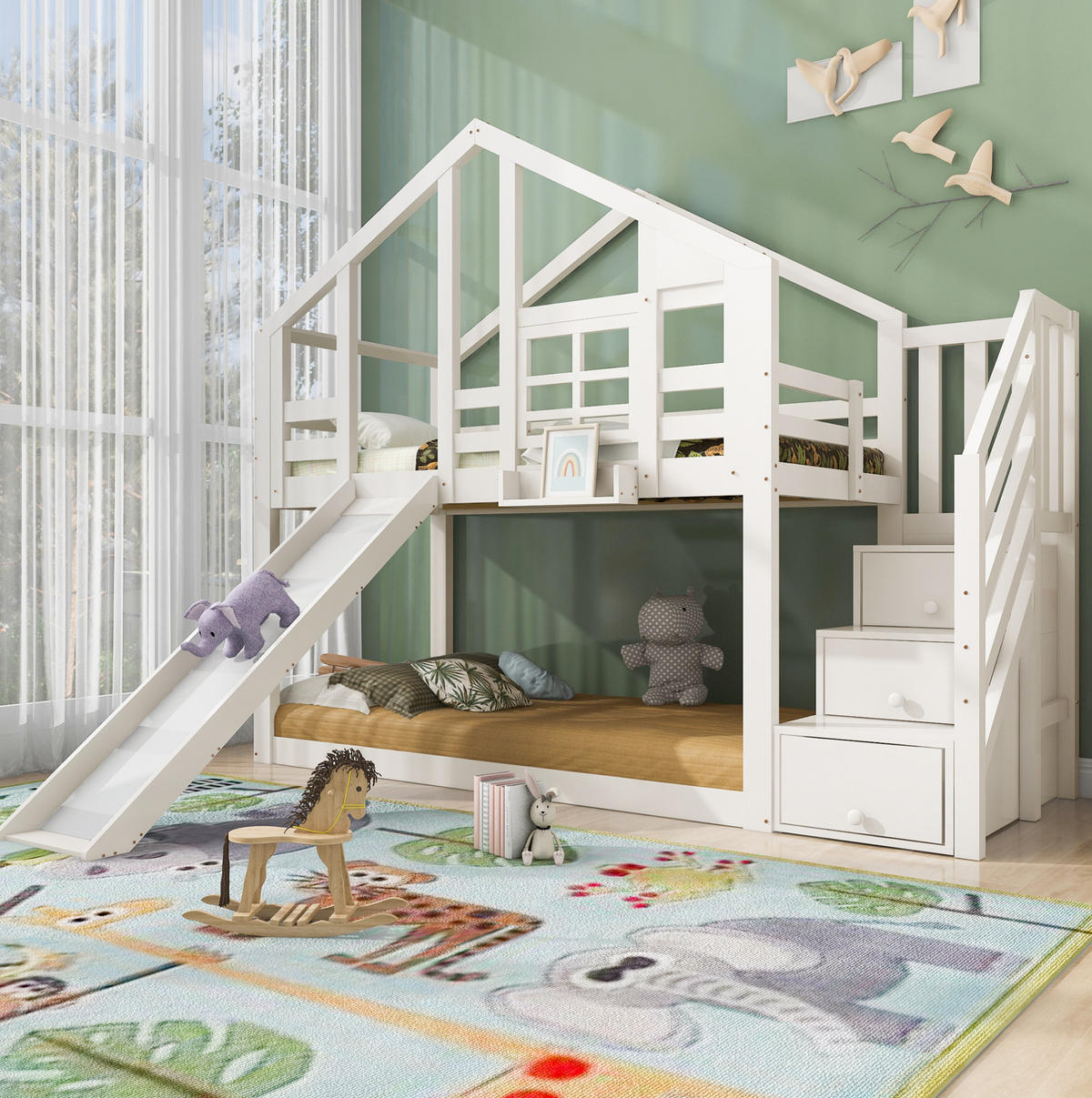 ETAGENBETT Baumhaus 90 x 200 cm Weiß mit Rutsche und Stauraum - Weiß, Holz (90/200cm) - MIVRAY