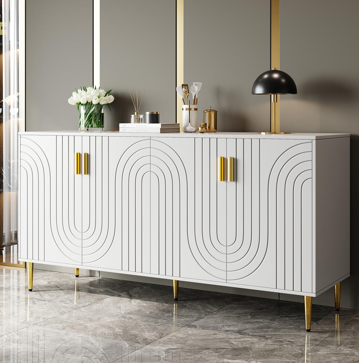 SIDEBOARD 152/40/75 cm in Weiß mit 4 Türen, 2 Schubladen und Goldakzenten - Weiß, Holzwerkstoff (40/75/152cm) - Flora Grace