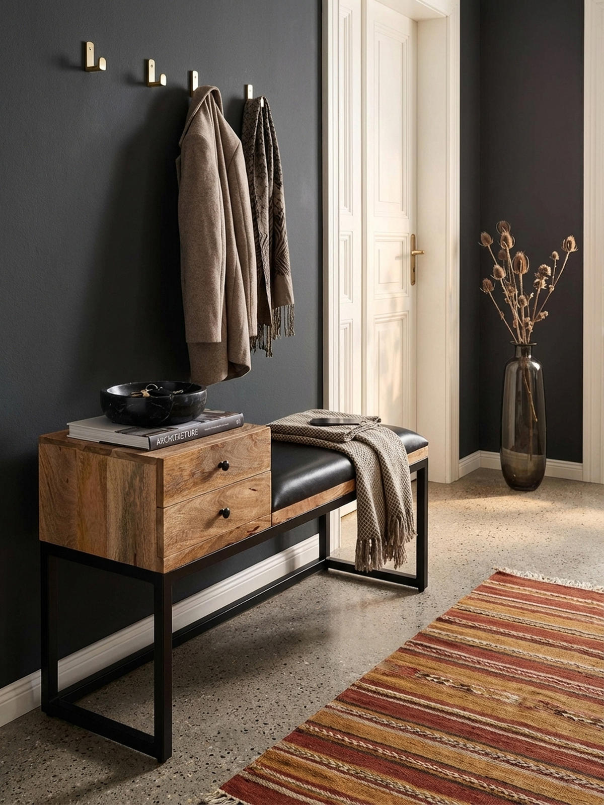 SITZBANK – Ziegenleder/Metall, Schubladen, Retro-Stil - Schwarz/Braun, Leder/Metall (100/60/35cm) - KADIMA DESIGN