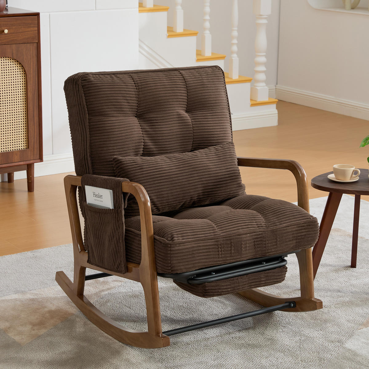 SCHAUKELSTUHL Relaxsessel mit Fußstütze,verstellbarer Rückenlehne,Cord,Braun - Braun, Textil (70/92/80cm) - LVHOM