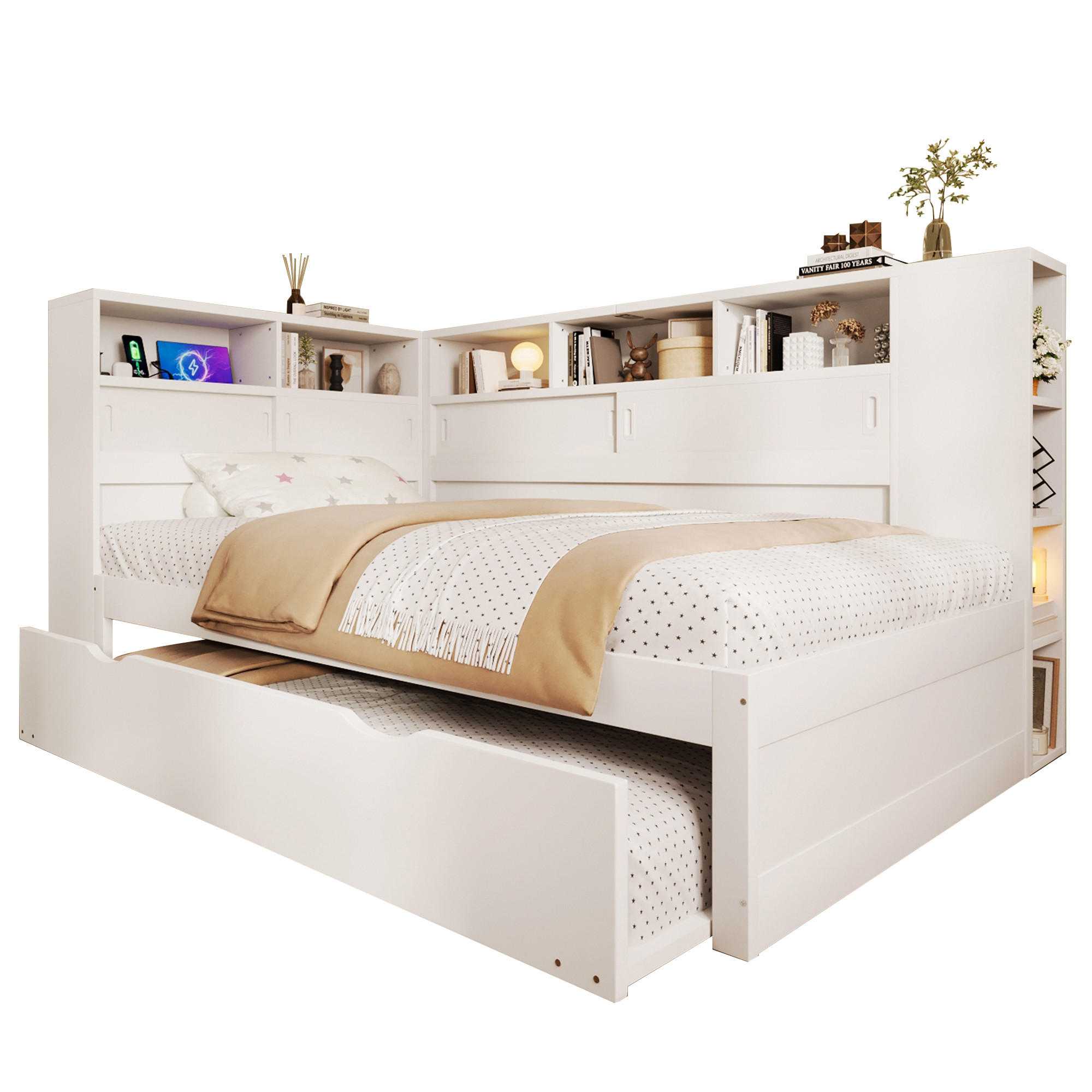 KINDERBETT mit Ausziehbett und Stauraum 90x200 cm Weiß - Weiß, Holz (90/200cm) - Meubliv