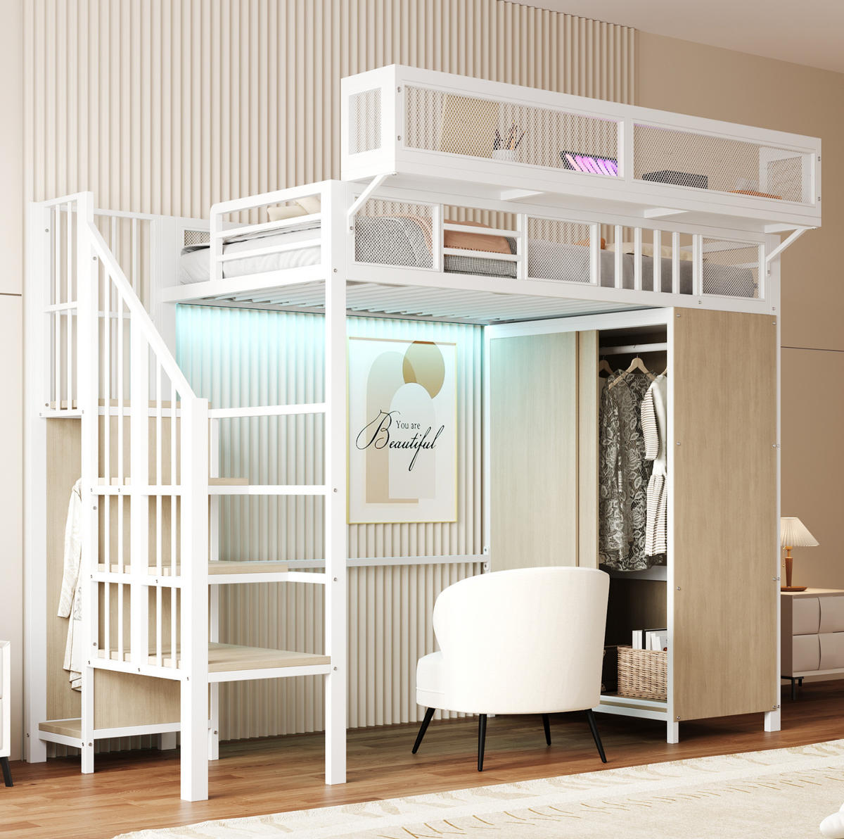 HOCHBETT 90/200 cm mit LED-Beleuchtung, Kleiderschrank und Aufbewahrungsleiter, Weiß - Weiß, Metall (90/200cm) - Redom