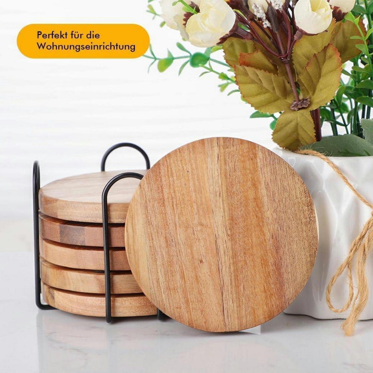 UNTERSETZER Holz 6er Set mit Flaschenöffner - Braun, Holz (10/10cm)
