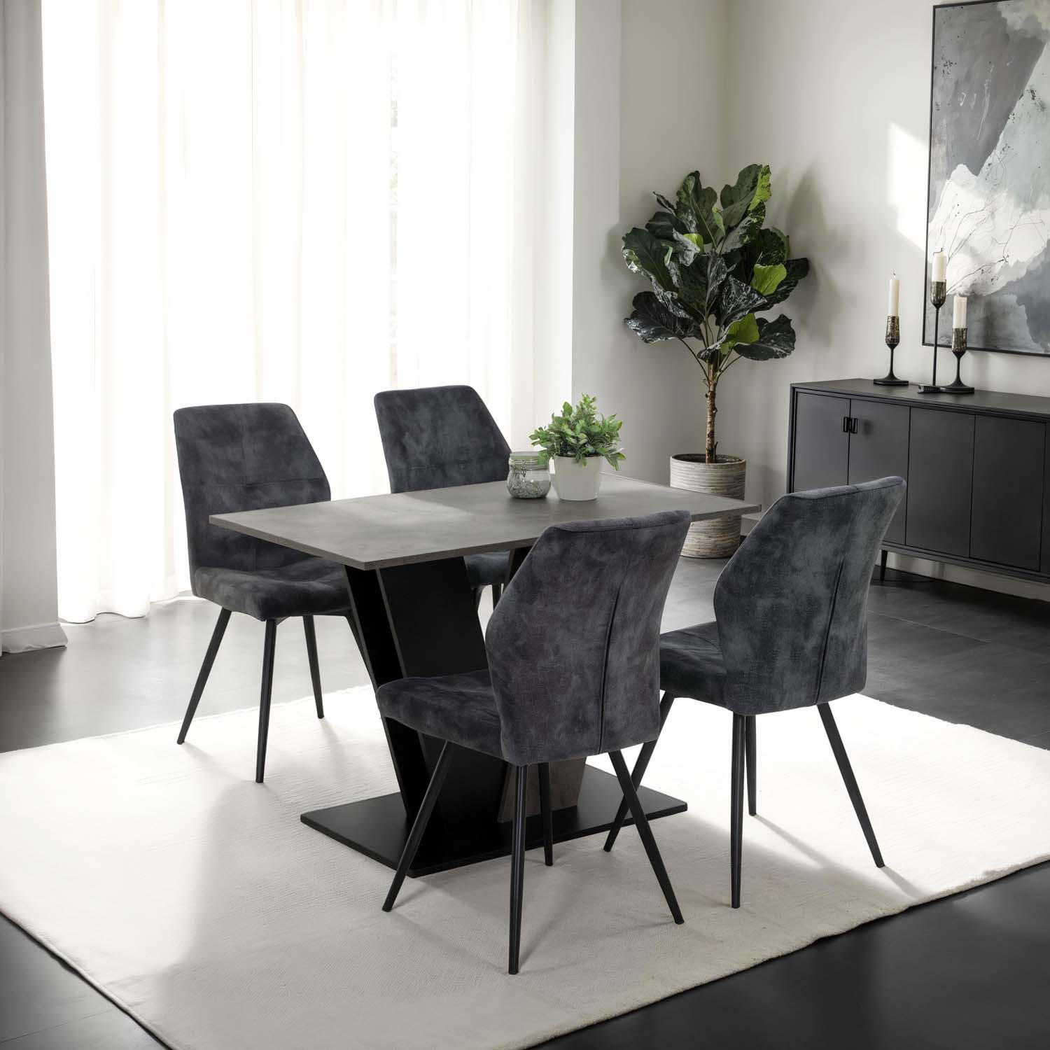 ESSGRUPPE Neelia, 5 tlg. - Tisch Betonoptik, 4 Stühle Anthrazit - Anthrazit/Schwarz, Holzwerkstoff/Textil (140/76/80cm) - Möbel Stellbrink