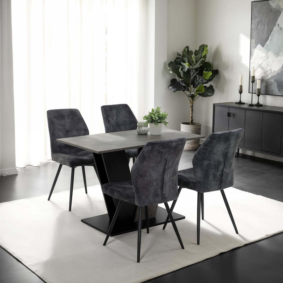 ESSGRUPPE Neelia, 5 tlg. - Tisch Betonoptik, 4 Stühle Anthrazit - Anthrazit/Schwarz, Holzwerkstoff/Textil (140/76/80cm) - Möbel Stellbrink