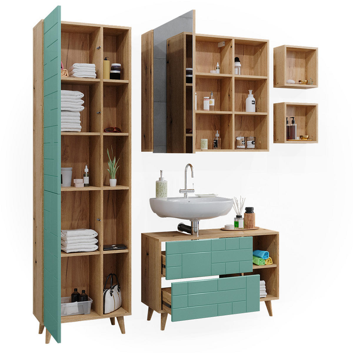 BADMÖBEL-SET Rudi Mintgrün 5 Teile, mit Hochschrank - Eichefarben/Mintgrün, Holzwerkstoff (90/59/32cm) - Vicco