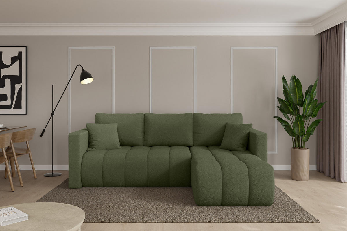 ROHOVÁ SEDAČKA s funkcí spaní, otoman vpravo GARD-L 226x146x85 zelená bouclé - černá/zelená barva, kompozitní dřevo/textil (226/146cm) - ALTDECOR