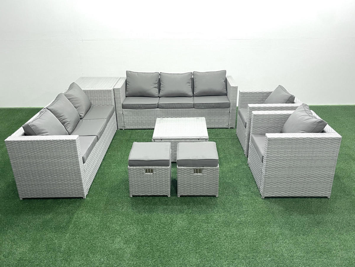 GARTENMÖBEL-SET mit Kissen Polyrattan Hellgrau-Mix 10-Sitzer - Hellgrau/Grau, Glas/Kunststoff - Fimous