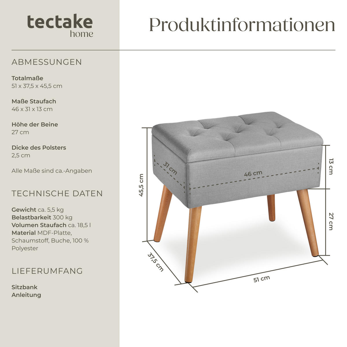 SITZBANK Ranya,51 x 37,5 x 45,5 cm,hellgrau - Hellgrau, Holz (37.5/45.5/51cm) - tectake