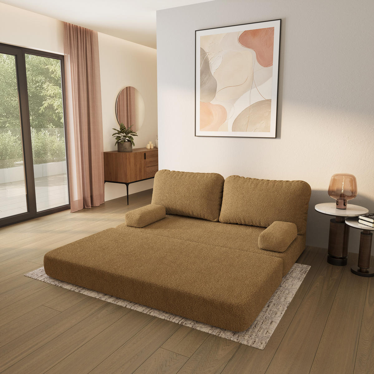 POHOVKA z pěny NIKSI s funkcí spaní Buklé látka Medová - žlutá/jantarová, textil (170/86/80cm) - MASSENO