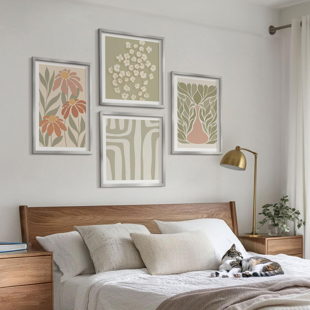 WANDBILDER 4er Set - 50x50 cm & 40x60 cm Silberner Rahmen - Floraler minimalistischer Boho-Stil - Silberfarben, Kunststoff (50/50cm) - ArtPrintCave