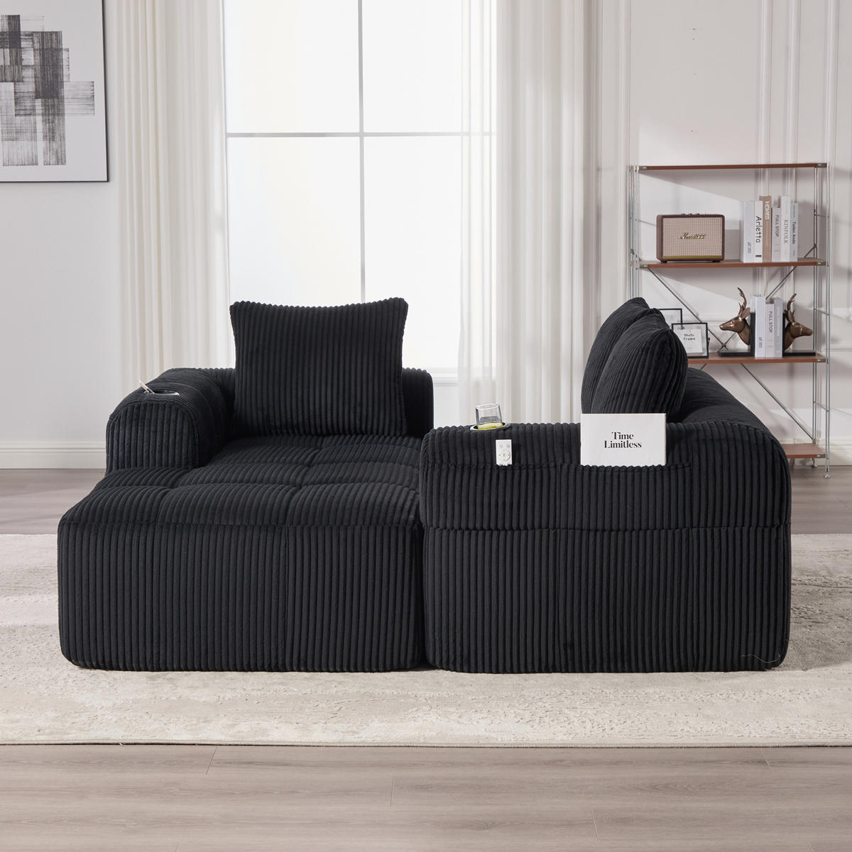 KOMPAKTSOFA Cord mit modularer DIY-Kombination Seitentaschen und Becherhalter 253/158/61 cm Schwarz - Schwarz, Textil (158/253cm) - Redom