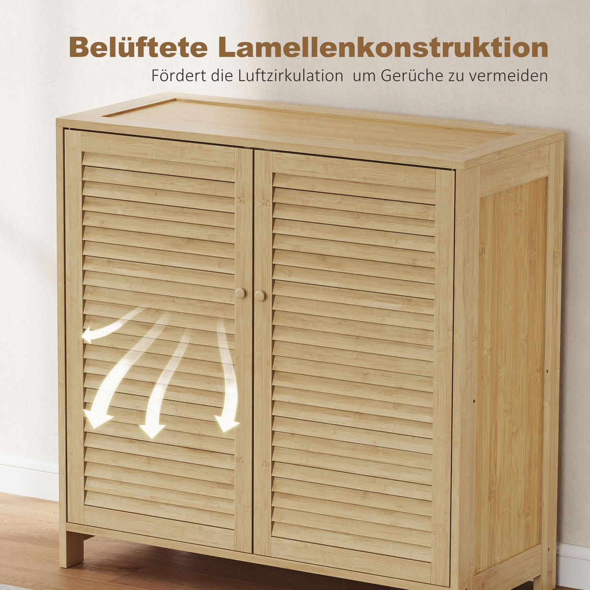 SCHUHSCHRANK,BAMBUS Lamellentüren für 14 Paar,natur - Beige, Holzwerkstoff (80/80/35cm) - Vallsero