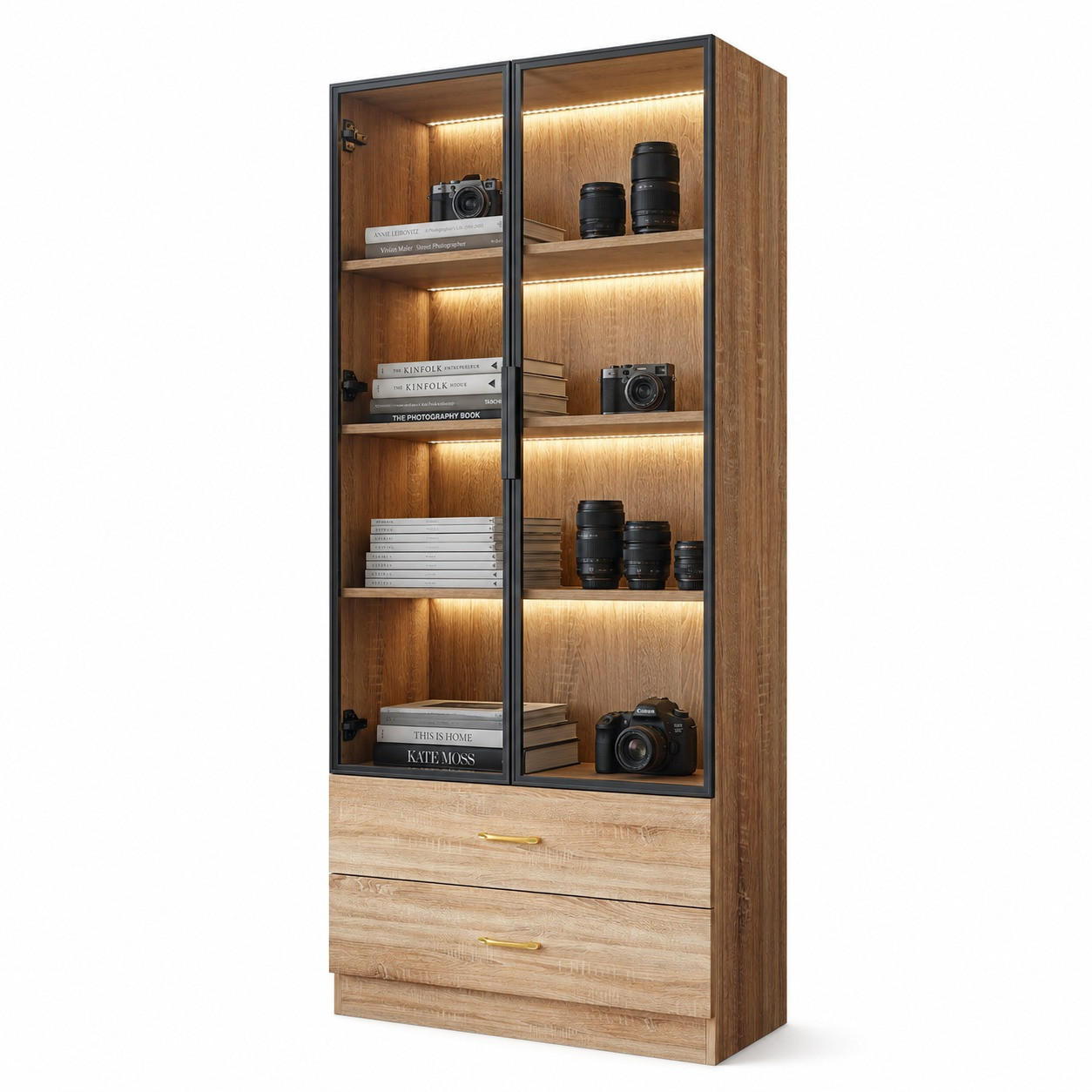 BADSCHRANK in Braun Highboard mit LED-Lichtleiste Glastür 2 große Schubladen 2 Türen , B75/T34.5/H170cm - Braun, Glas/Holzwerkstoff (75/170/34.5cm) - STILVORA