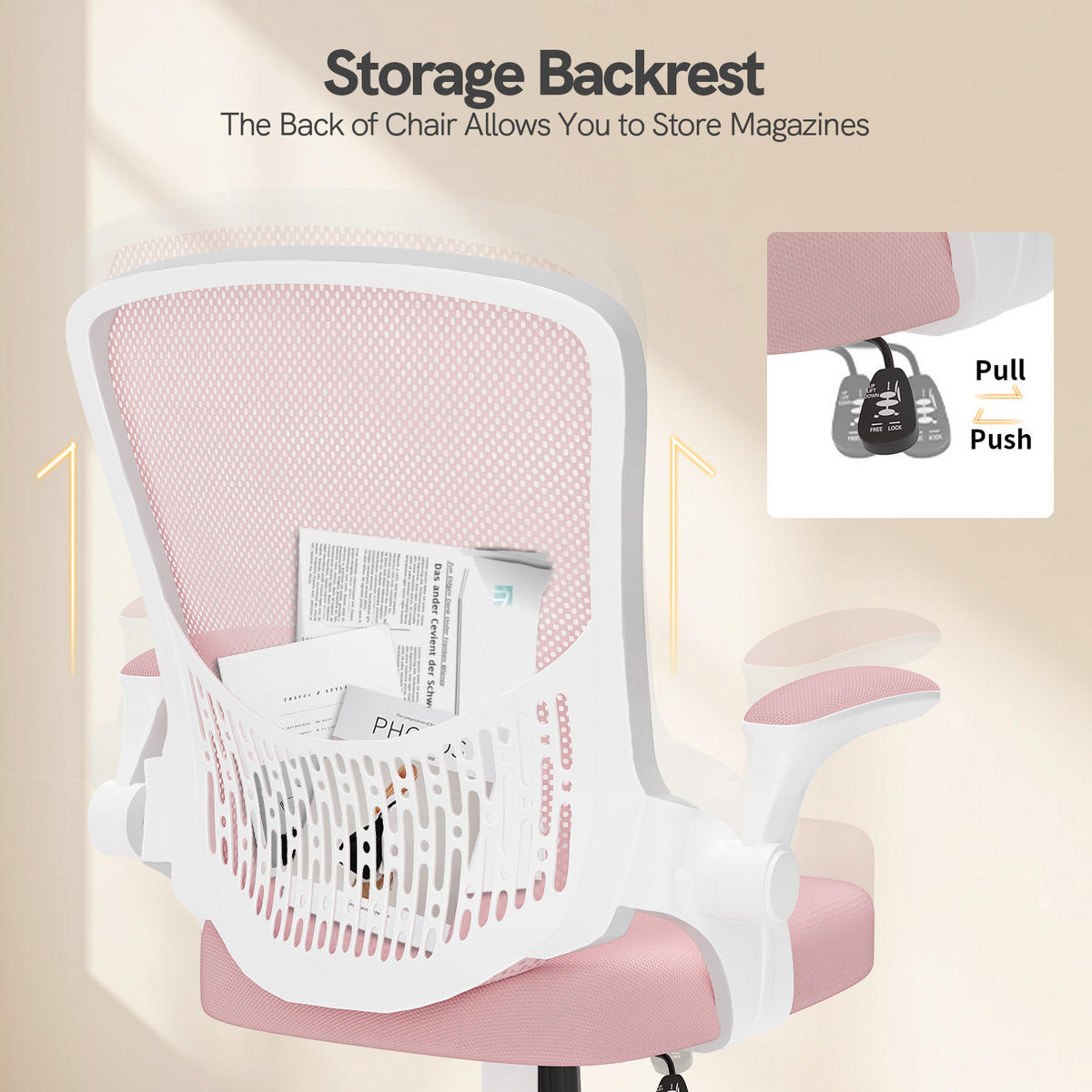 BÜROSTUHL Weiß-Pink ergonomisch mit Aufbewahrung Mesh - Pink, Metall (26.5/51/51cm) - Rattrix