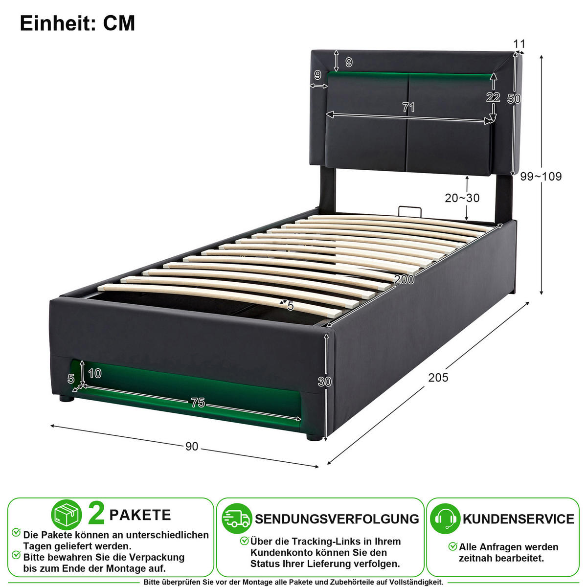 POLSTERBETT 90/200 cm in Schwarz mit Stauraum, LED und USB Kunstleder - Schwarz, Holzwerkstoff/Textil (90/200cm) - CHICFURN