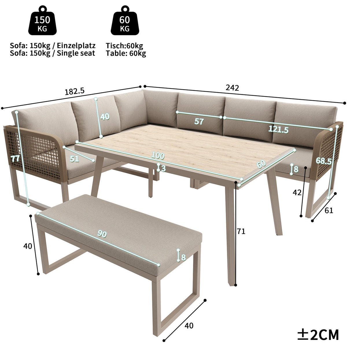 LOUNGEGARNITUR aus Rattan & Metall 121.5x61x77 cm Beige mit modularer Loungegruppe - Beige, Metall - Modfu