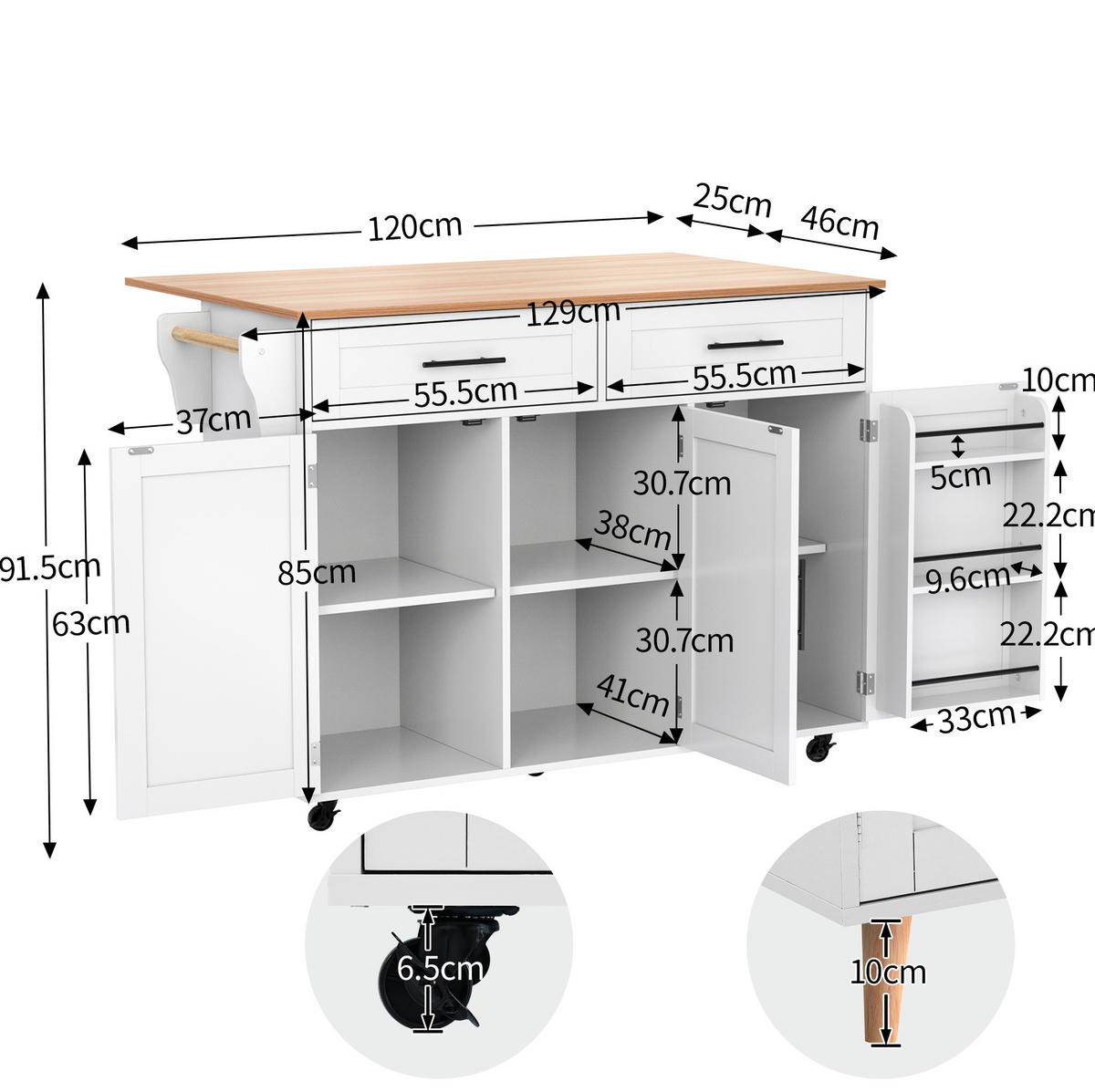 KÜCHENINSEL 129/46/91,5 cm aus MDF mit klappbarer Arbeitsplatte und Rollen Weiß - Weiß, Holzwerkstoff (120/91.5/46cm) - Modenvie