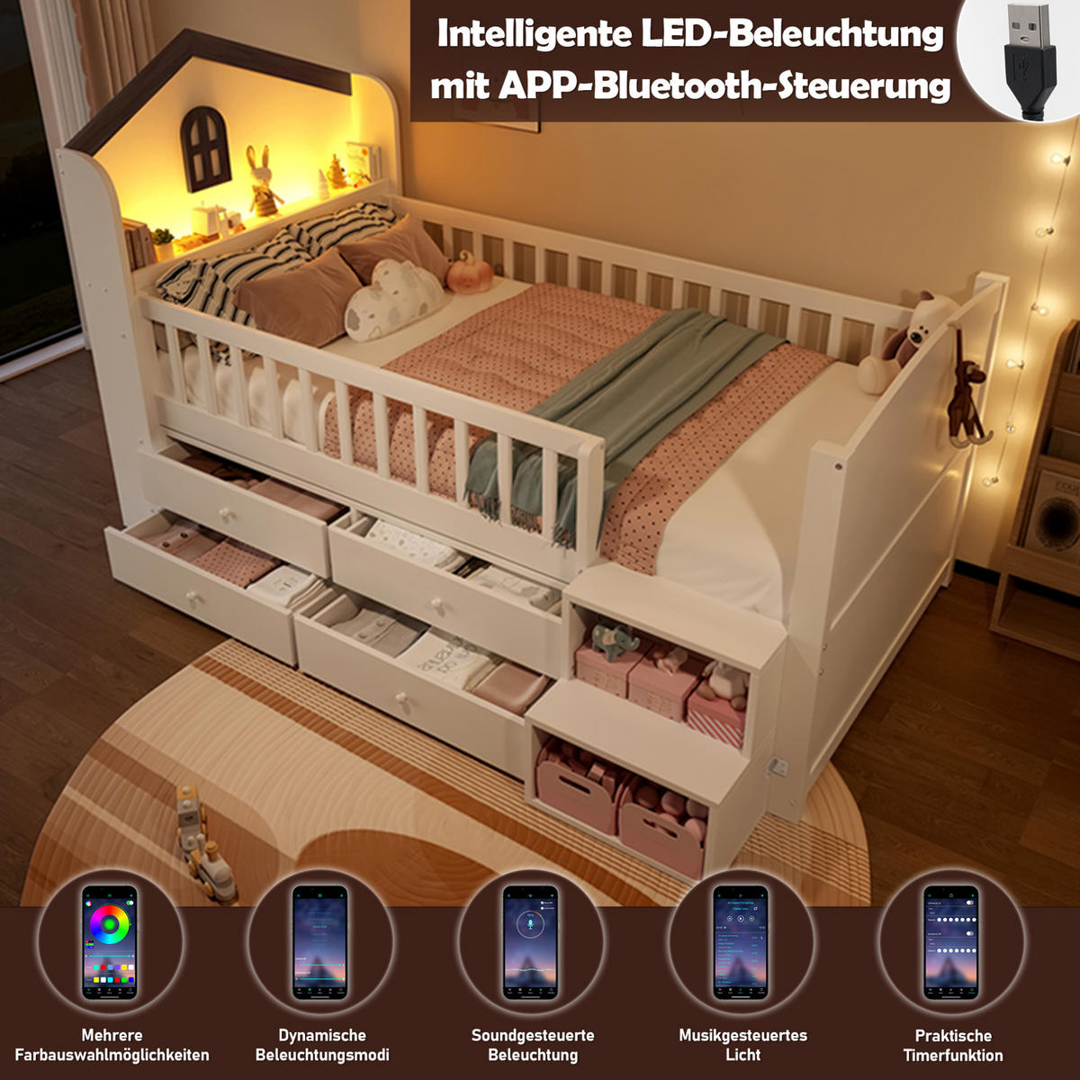 KINDERBETT 90/200 cm Weiß mit LED-Beleuchtung und 4 Schubladen - Weiß, Holz (90/200cm) - Flora Grace