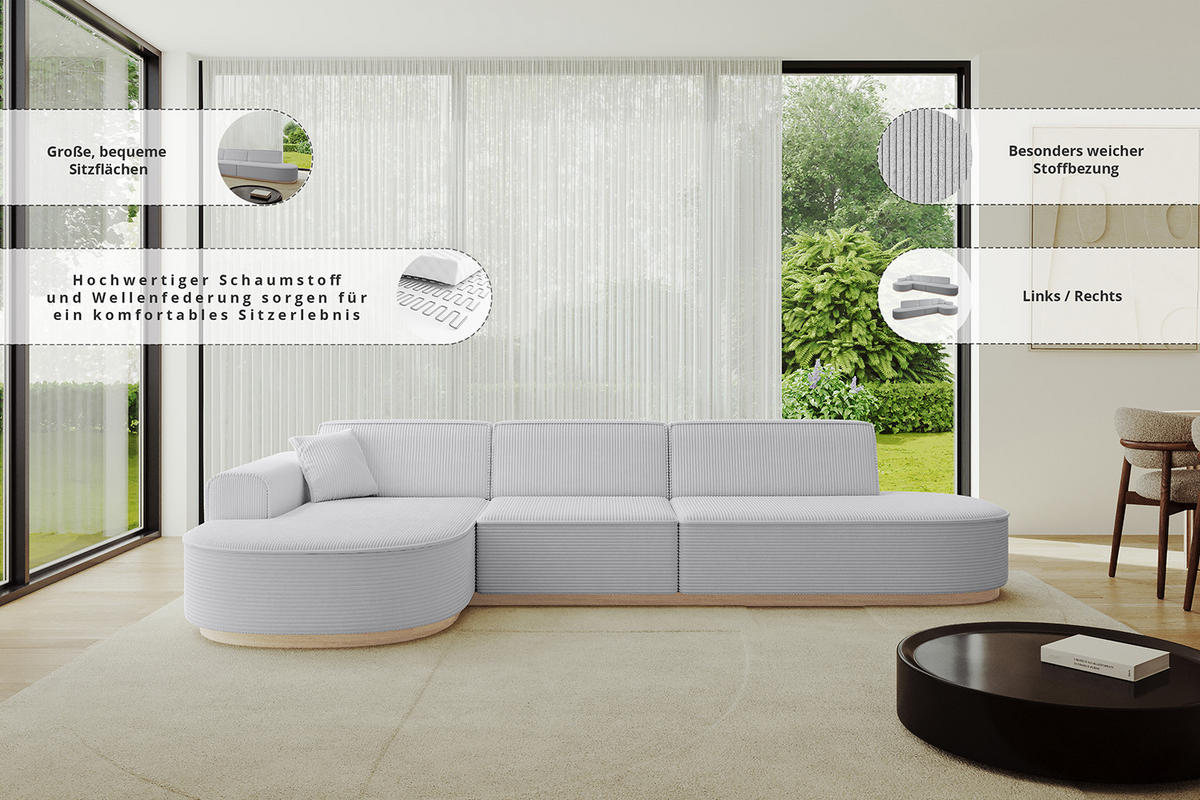 ECKSOFA Ottomane Rechts MARI-L2 - 317x163x81 cm Beige Bouclé - Beige/Schwarz, Holzwerkstoff/Kunststoff (317/163cm) - ALTDECOR