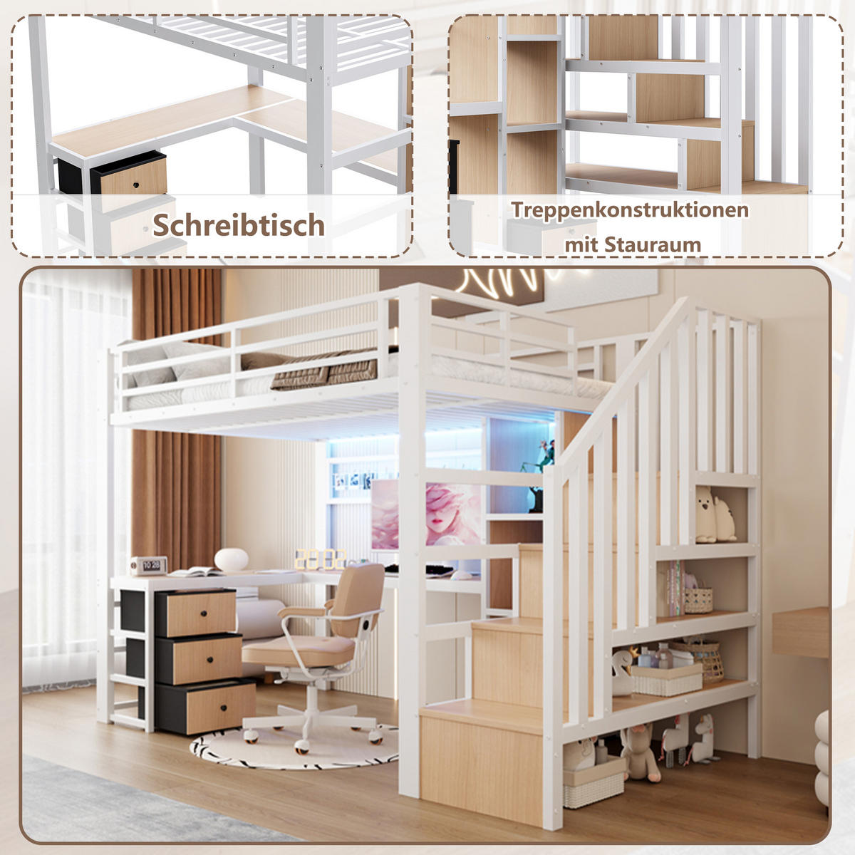 HOCHBETT 90/200 cm in Weiß mit 4 Schubladen, LED und Schreibtisch - Weiß, Holzwerkstoff/Metall (90/200cm) - STILVORA