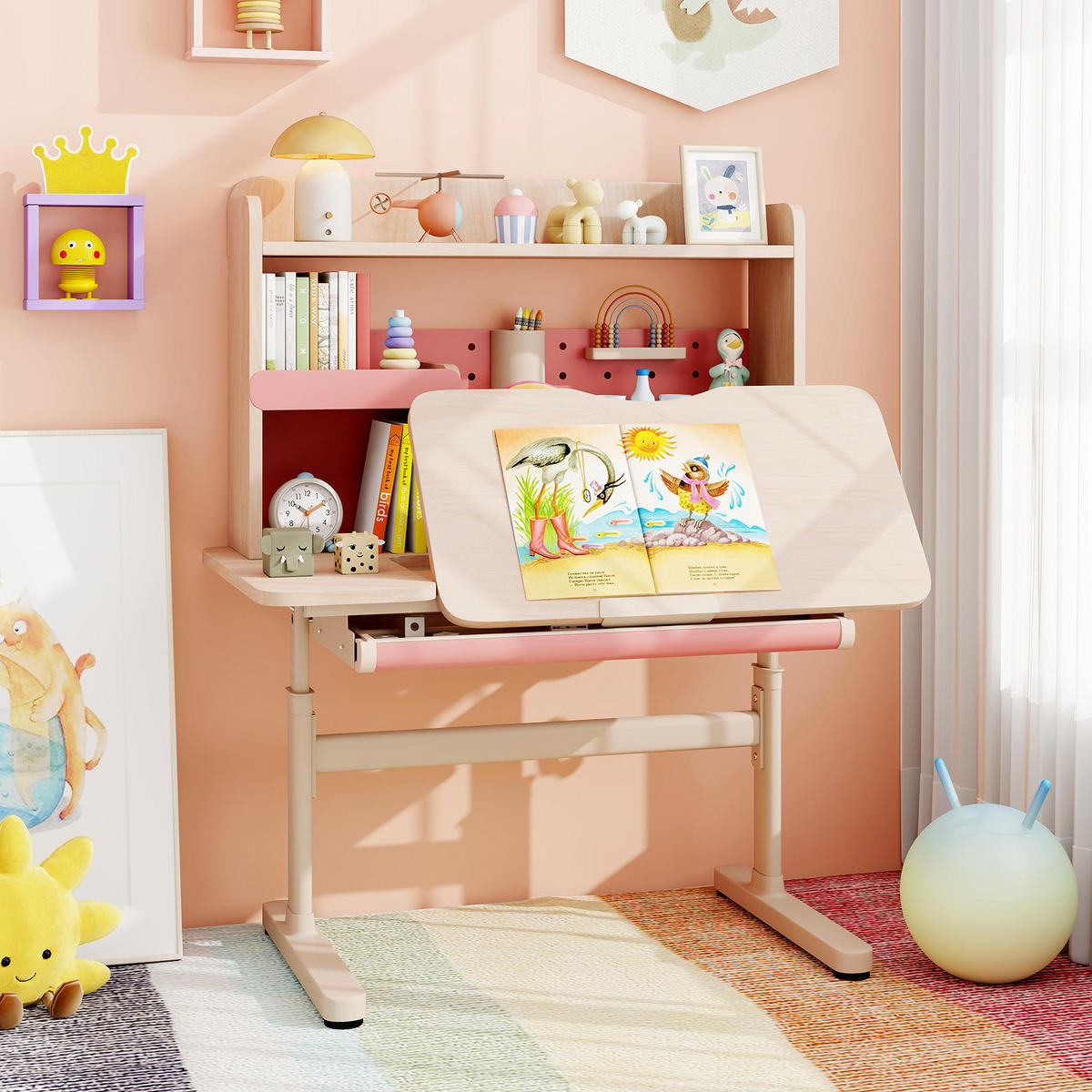 KINDERSCHREIBTISCH höhenverstellbar rosa - Pink, Metall (100/111/60cm) - COSTWAY