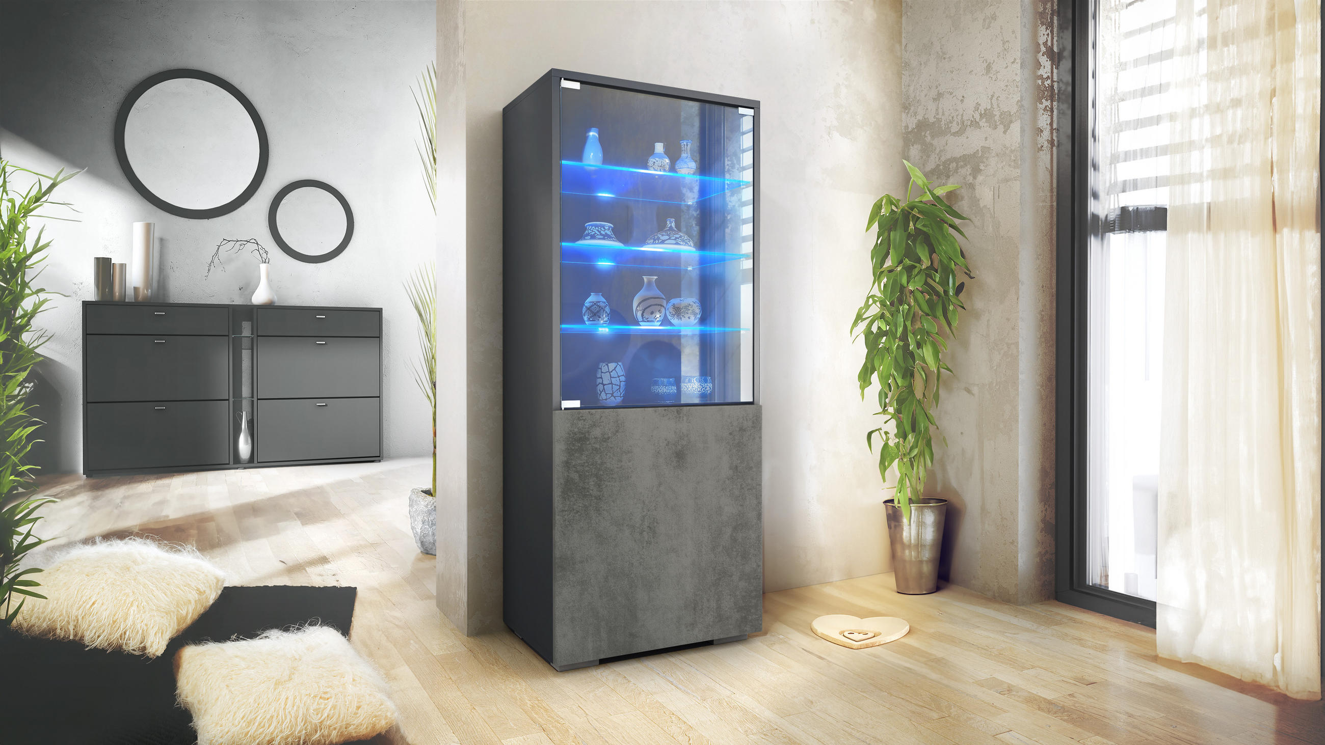 VITRINE Granada Beton Dunkel Optik - Dunkelgrau, Holzwerkstoff (50/122.5/34.5cm) - Vladon
