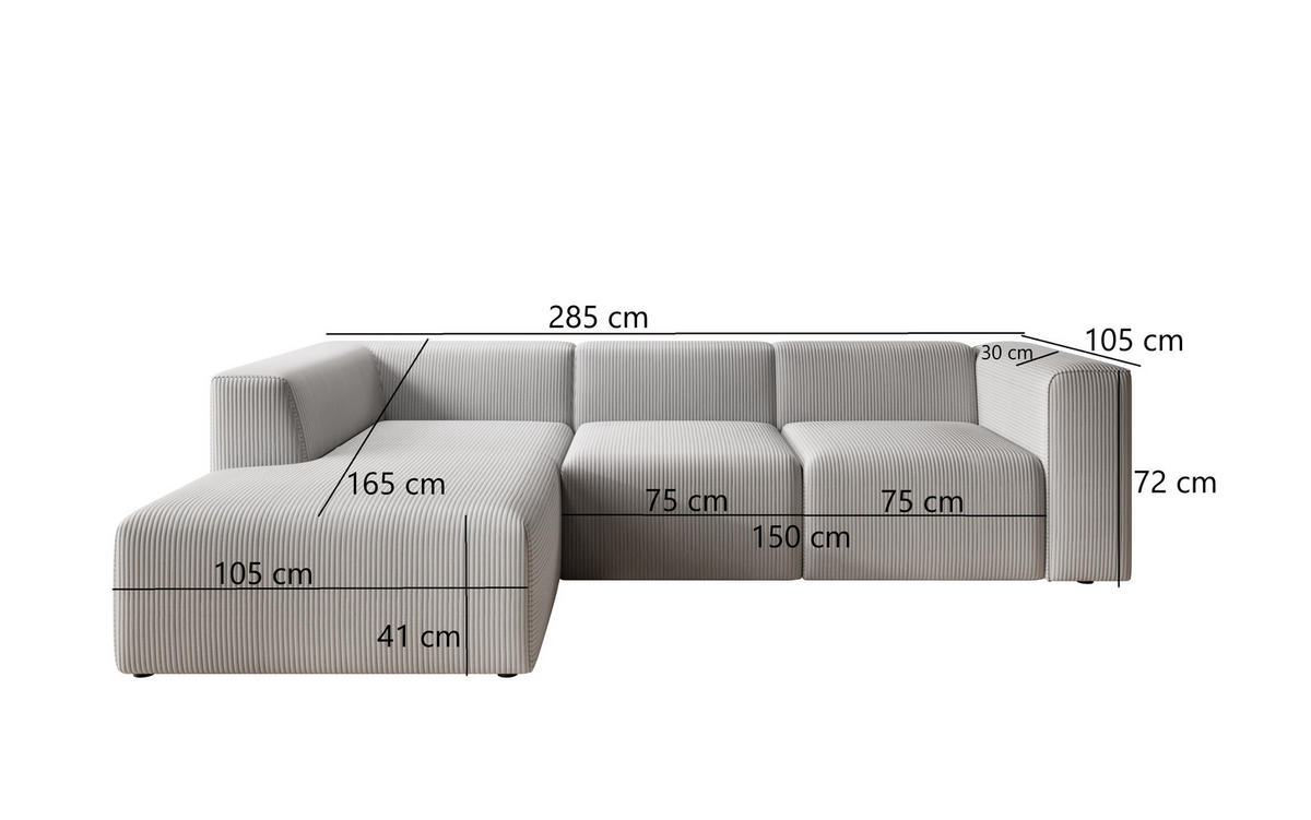 ECKSOFA Fuego Links, Cord-Stoff, 285x72x165 cm, Hellgrau - Hellgrau, Holz (285/165cm) - PROMETO Möbel
