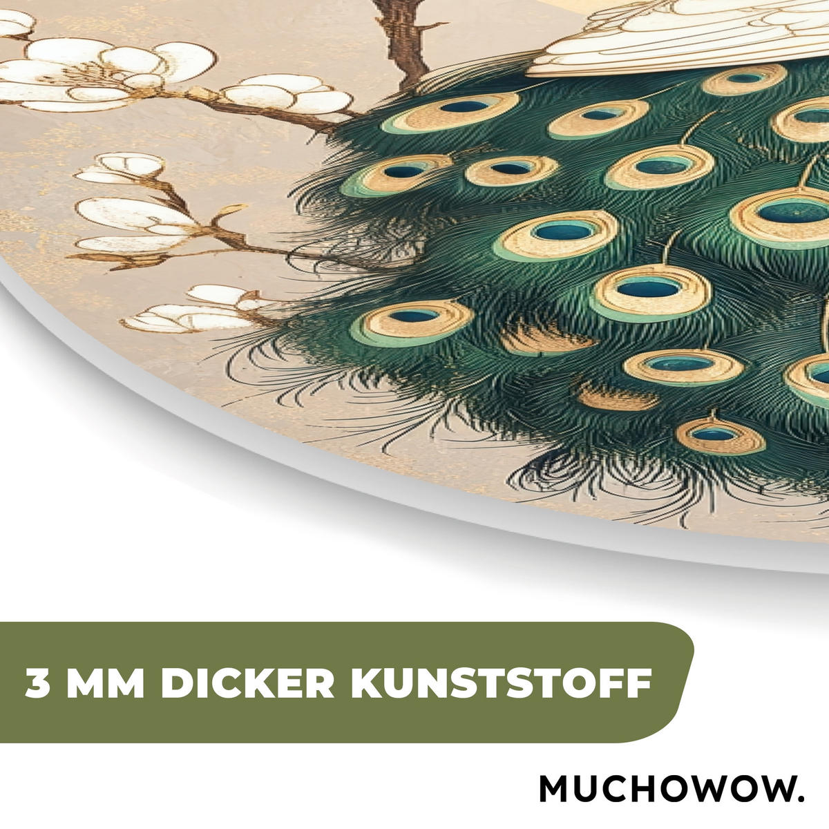 WANDBILD Pfau - Zweig - Blumen 60x90 cm - Champagner, Kunststoff (60/90cm) - MuchoWow