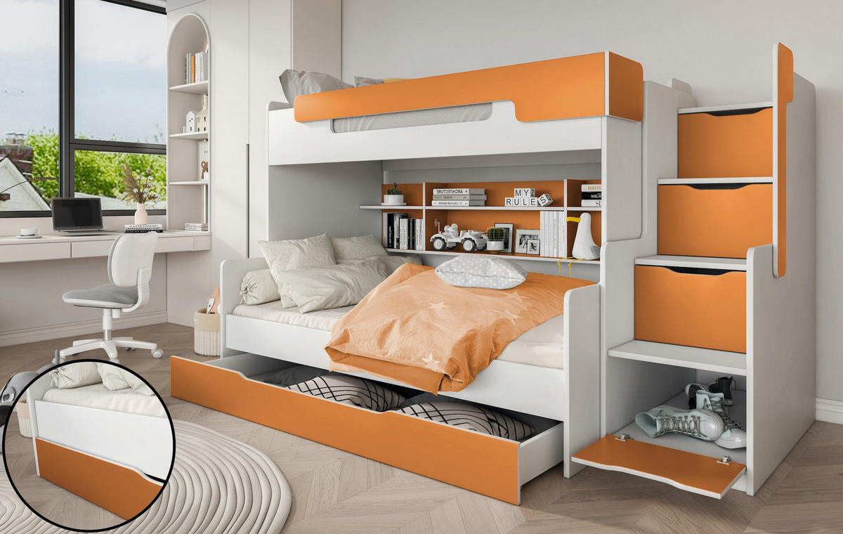 ETAGENBETT HARRY 260x129 cm – Stockbett für 2 Personen mit Treppe, Stauraum und 2 Matratzen - Orange, Holz (120/200cm) - Wohnideebilder