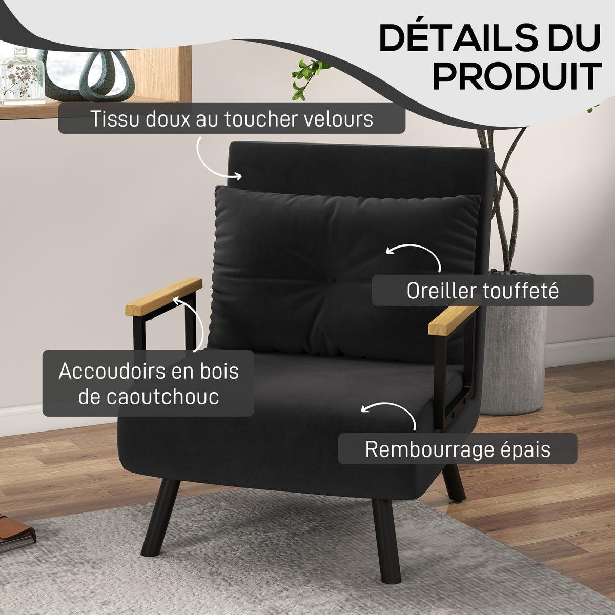 SCHLAFSESSEL 4-in-1 DE-14594 mit 5-fach verstellbarer Rückenlehne Schwarz - Schwarz, Textil (73/81/63cm) - ComfortXL